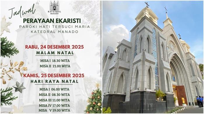 JADWAL MISA - Potret Gereja Katedral Hati Tersuci Maria, Kota Manado, Sulawesi Utara. Berikut jadwal Misa Natal 2025 di Gereja Katedral Hati Tersuci Maria Manado.