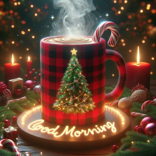 This may contain: a coffee mug with a christmas tree on it and some candy canes around it