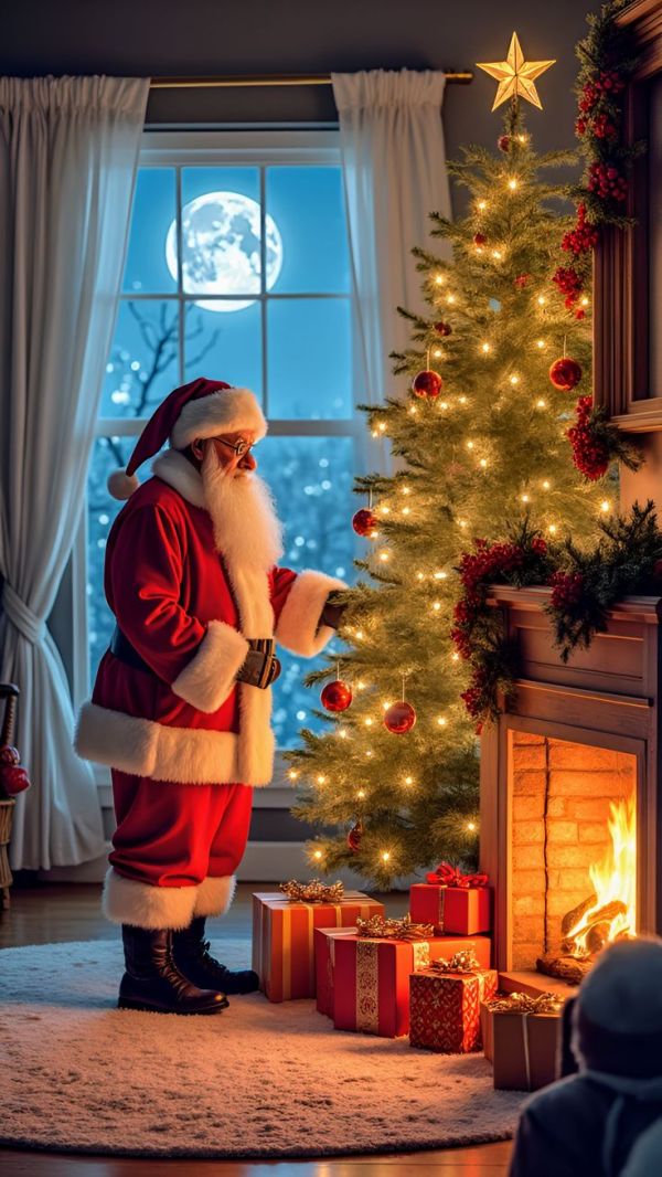 This may contain: a man dressed as santa claus standing in front of a christmas tree