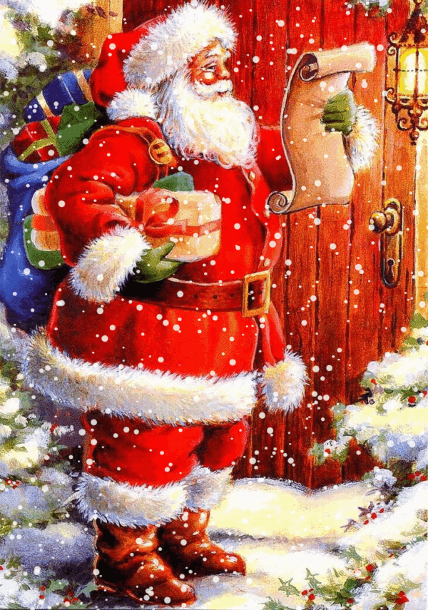 This may contain: a painting of santa claus holding a sack of presents in front of a barn door