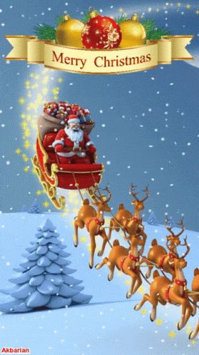 This may contain: a santa claus sleigh with his reindeers in the snow and merry christmas message