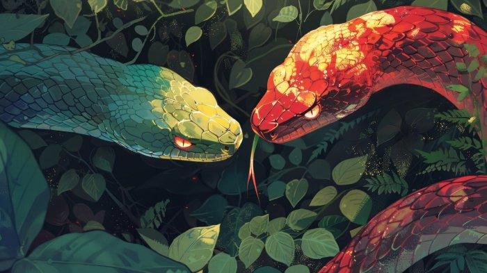 RAMALAN SHIO - Foto ilustrasi hasil olahan artificial inteligent (AI) menggambarkan sepasang Shio Ular, diunggah Senin (3/2/2025).