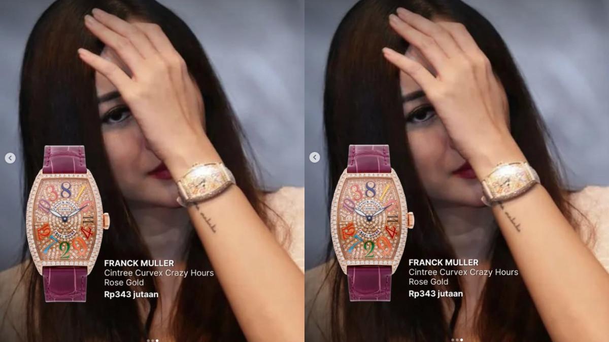 Aura Kasih juga terlihat mengenakan jam tangan Franck Muller Cintree Curvex Crazy Hours Rose Gold yang ditaksir bernilai sekitar Rp343 juta.