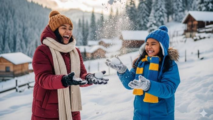 PROMPT GEMINI AI - Foto ibu dan anak perempuan bermain salju dibuat di Google Gemini pada Senin (22/9/2025).
