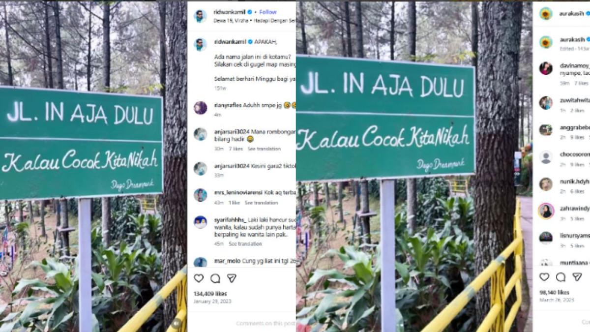 POSTINGAN SAMA - Ridwan Kamil dan Aura Kasih pernah membuat postingan yang sama di Instagram. Mereka memperlihatkan plang jalan.
