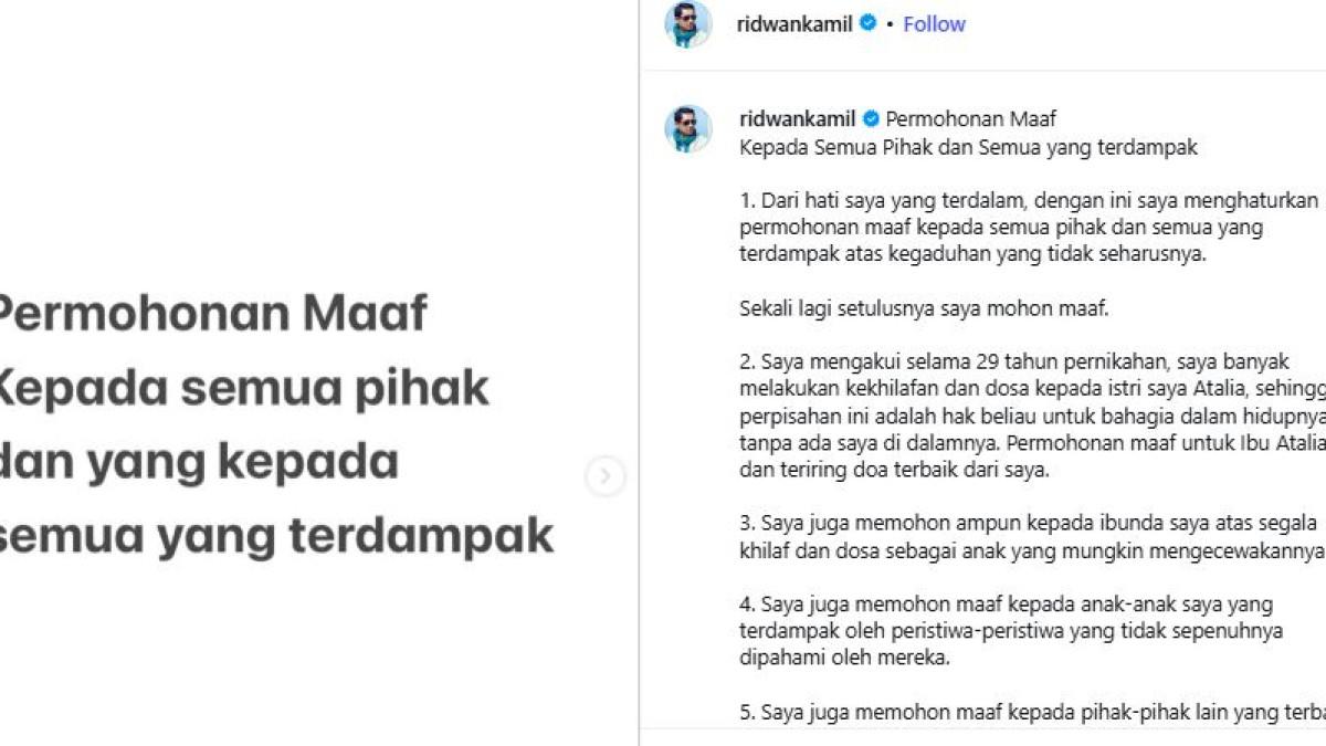 RIDWAN KAMIL KLARIFIKASI - Ridwan Kamil menuliskan permintaan maaf khususnya pada Atalia atas dosa dan kekhilafannya.