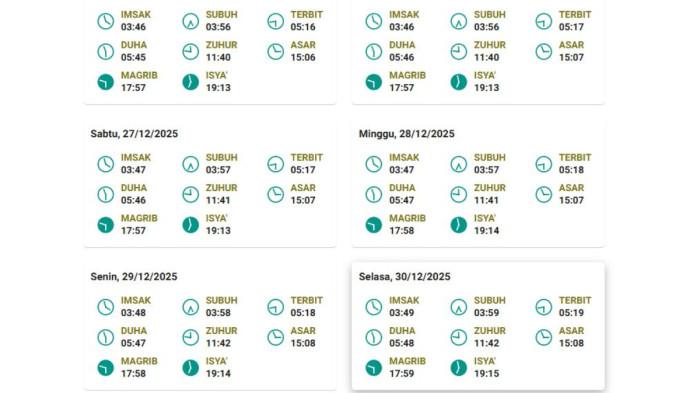 JADWAL SHOLAT - Tangkap layar jadwal sholat 25-30 Desember 2025 pada situs Bimas Islam Kemenag RI.