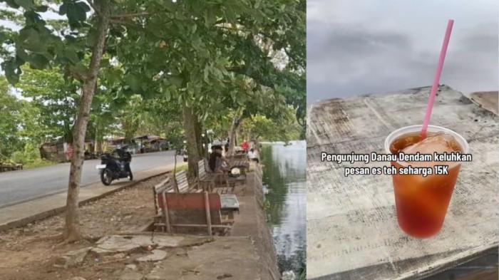 DANAU DENDAM – Kolase foto situasi kawasan wisata Danau Dendam, Kota Bengkulu, Kamis, 25 Desember 2025 (kiri) dan tangkap layar video es teh yang viral di media sosial (kanan). Insiden pedagang yang menjual es teh seharga Rp 15.000 per cup viral di media sosial.