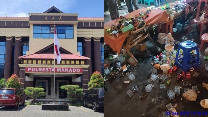 KASUS - Kolase foto Kantor Polresta Manado dan kondisi barang pedagang yang dirusak oleh oknum preman pasar 45 Manado, Sulut Kamis 25 Desember 2025.