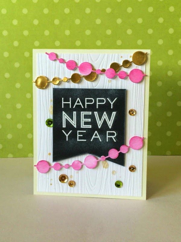 This may contain: a happy new year card with pink and gold confetti around the edges on a green background