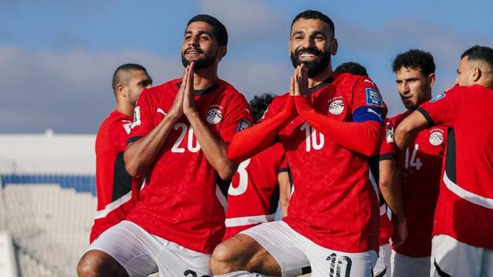 SELEBRSI SALAH - Pemain Liverpool, Mohamed Salah, ketika merayakan gol Timnas Mesir ke gawang Djibouti dalam matchday ke-9 grup A Kualifikasi Piala Dunia 2026 zona Afrika (AFCON) di Stade Larbi Zaouli pada Rabu (8/10/2025). (Instagram Mesir NT - 9/10/2025)