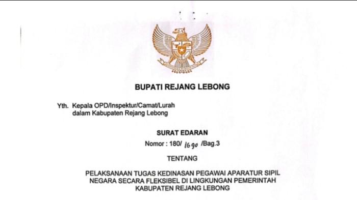 KEBIJAKAN WFA - Tangkapan layar foto SE Bupati Rejang Lebong. Pemkab Rejang Lebong menerapkan kebijakan WFA namun tak semua OPD.