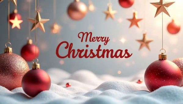 This may contain: christmas balls and stars hanging from strings with the words merry christmas written on them in red