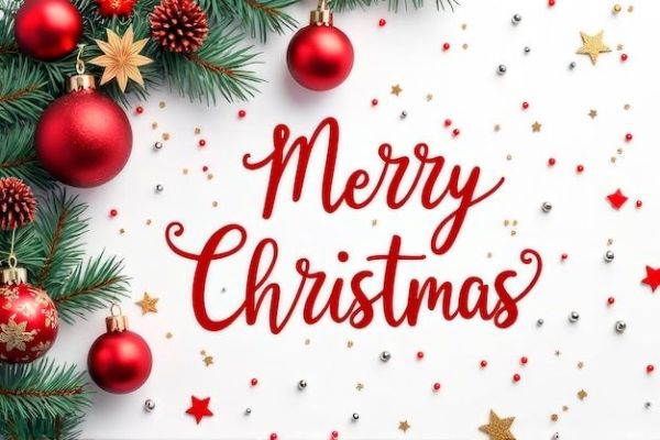 This may contain: merry christmas greeting card with red and gold baubles, pine branches and stars