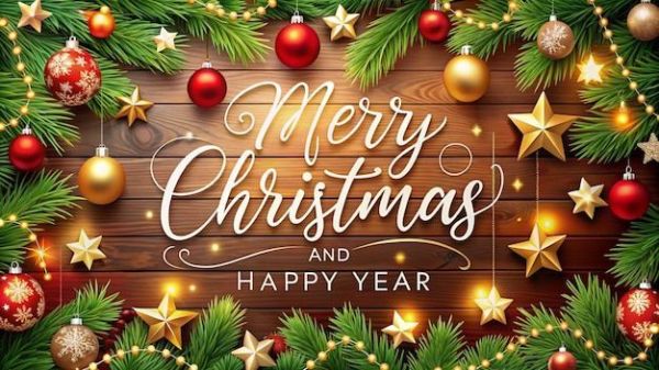 This may contain: merry christmas and happy new year greeting card with pine branches, ornaments and stars on wooden background