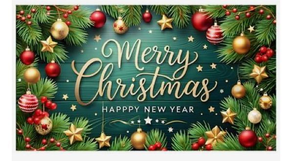This may contain: merry christmas and happy new year greeting card with pine branches, ornaments and stars on a green background