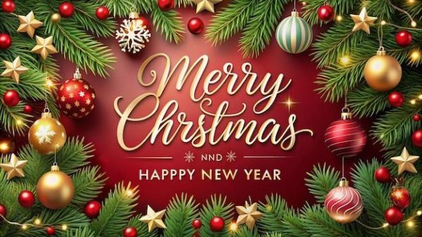 This may contain: merry christmas and happy new year greeting card with pine branches, ornaments and baubles