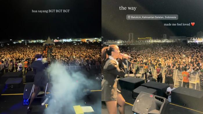 TAMPIL MEMUKAU - Momen penyanyi Marion Jola tampil di panggung Batulicin Festival 2025 dicapture Minggu (28/12/2025). Ucap ini pada warga Kalimantan Selatan.