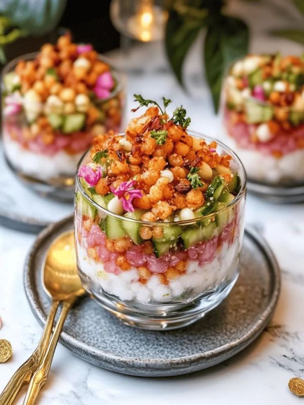 This may contain: two bowls filled with food sitting on top of a table next to gold spoons