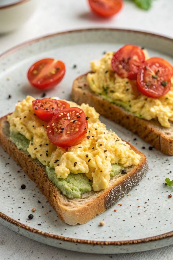 This may contain: two slices of toast topped with scrambled eggs and tomatoes