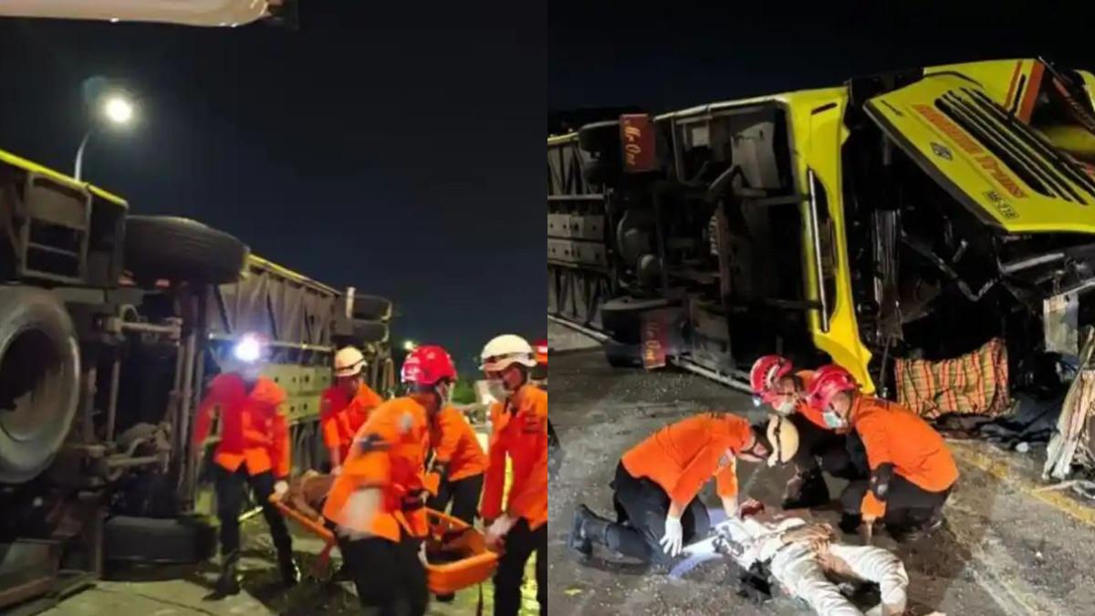 KECELAKAAN BUS - Bus PO Cahaya Trans Jurusan Jakarta-Yogyakarta dengan nomor polisi B 7201 IV kecelakaan tunggal, terguling di Simpang Susun Exit Tol Krapyak Kota Semarang, Senin (22/12/2025).