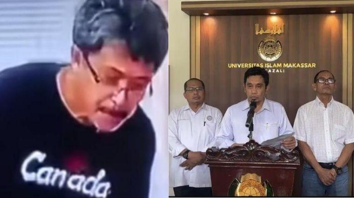 DOSEN UIM - (Kiri) Rektor UIM Al Ghazali, Prof Muammaf Bakry, saat sesi Press Conference di Kampus UIM, Jl Perintis Kemerdekaan, Makassar, Senin (29/12/2025). (Kanan) Capture Amal Said viral meludahi kasir swalayan