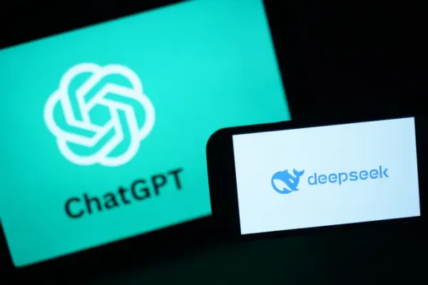 In this photo illustration, the DeepSeek logo is seen next to the Chat GPT logo on a phone.