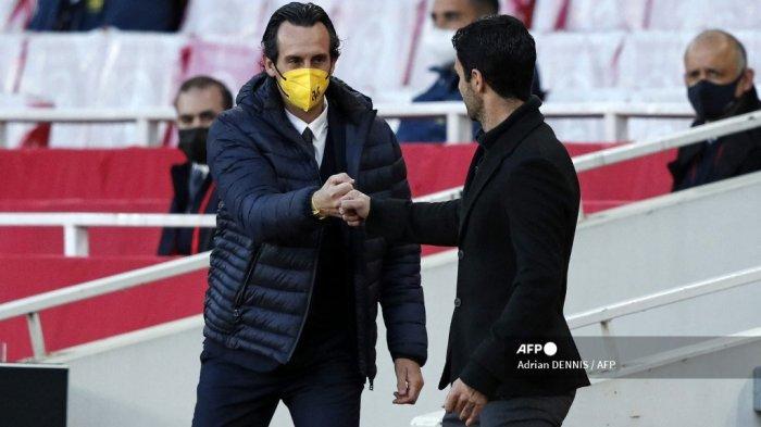 Pelatih Villarreal Spanyol Unai Emery (kiri) dan manajer Arsenal Spanyol Mikel Arteta (kanan) saling berhadapan jelang pertandingan leg kedua semifinal Liga Europa UEFA antara Arsenal dan Villarreal di Emirates Stadium di London pada 6 Mei 2021.Adrian DENNIS / AFP