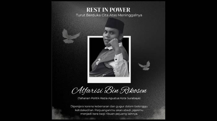 WAFAT SEBELUM SIDANG - Ucapan belasungkawa atas meninggalnya Alfarisi (21), terduga pembakaran Gedung Negara Grahadi Jatim pada insiden Agustus 2025, Selasa (30/12/2025). KontraS Surabaya menduga buruknya kondisi tahanan di Rutan Medaeng dan kegagalan negara melindungi tahanan.