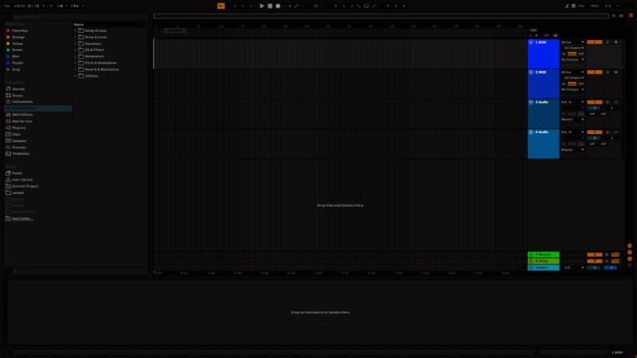 Tampilan Antarmuka pada software Ableton Live, salah satu software untuk membuat musik.