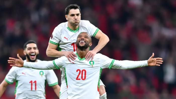 SELEBRASI MAROKO - Pemain Timnas Maroko, Brahim Diaz, melakukan selebrasi bersama rekan setim usai mencetak gol ke gawang Zambia pada laga Grup A Piala Afrika 2025 di Stade Prince Moulay Abdallah, Selasa (30/12/2025). (Instagram Timnas Maroko - 30/12/2025)