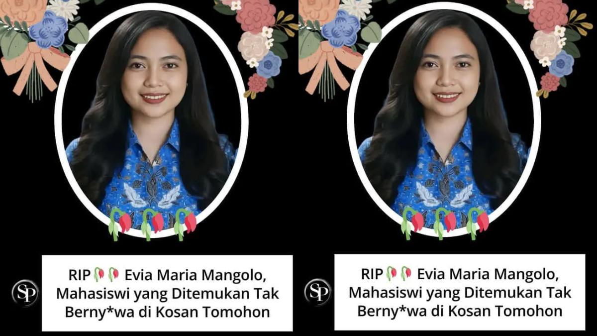 KASUS MAHASISWI UNIMA - Evia Maria Mangolo, mahasiswi aktif Program Studi Pendidikan Guru Sekolah Dasar (PGSD) angkatan 2022, Fakultas Ilmu Pendidikan dan Psikologi (FIPP) UNIMA, berasal dari Kabupaten Kepulauan Sitaro, Sulawesi Utara tewas bunuh diri.