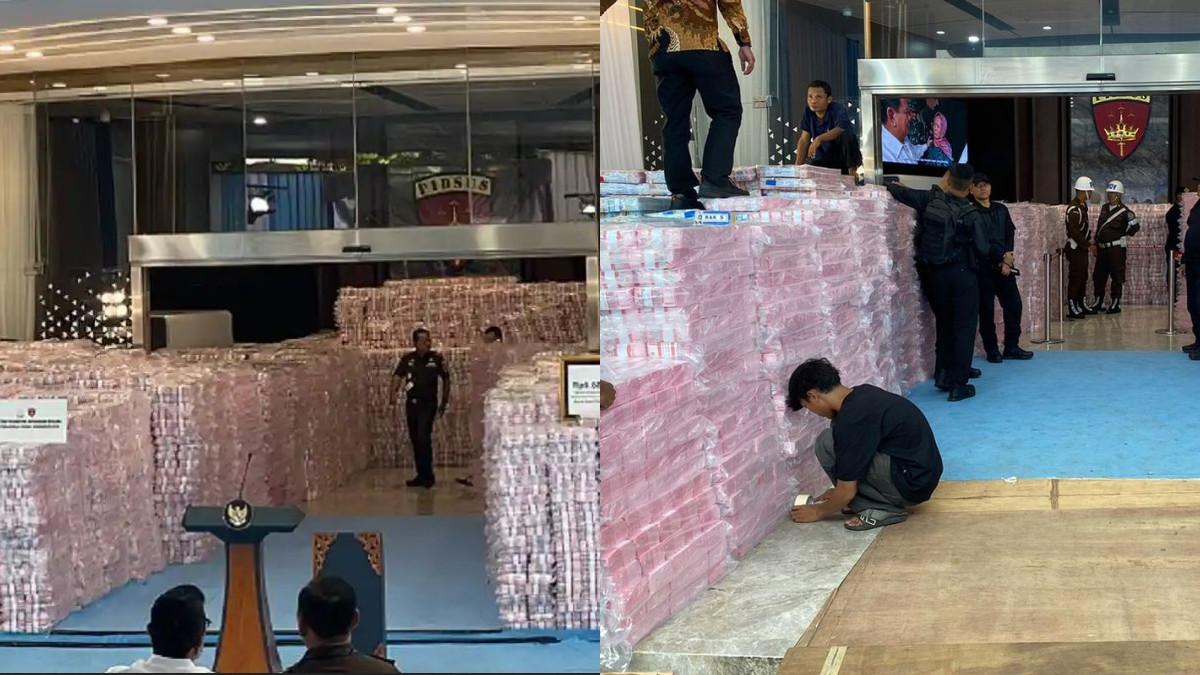 TUMPUKAN UANG - Tumpukan uang berjumlah Rp 6.625.294.190.469,74 atau Rp 6,6 T hasil sitaan satgas PKH dipamerkan di Kejagung akan dikembalikan ke negara.