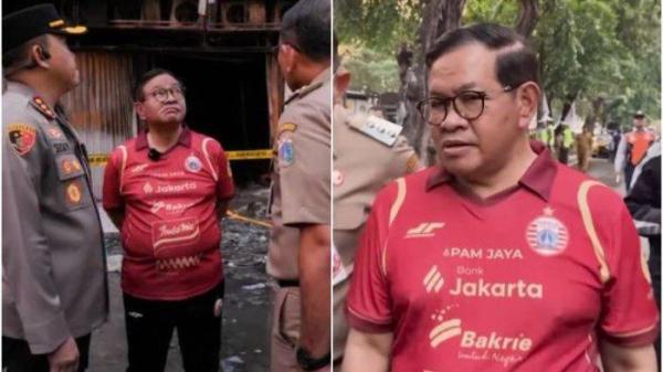 Kolase foto Gubernur DKI Jakarta Pramono Anung menggunakan jersey Persija Jakarta.