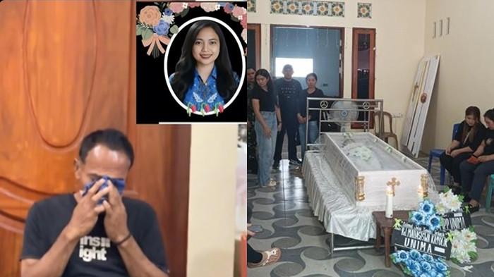 MAHASISWI MENINGGAL- Kolase foto ayah Evia Maria menangis di depan peti jenazah anaknya di rumah persemayaman, Perumahan CBA Gold, Mapanget, Minut, Rabu (31/12/2025).