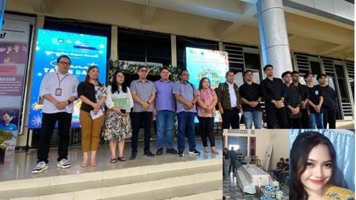 KLARIFIKASI - Kolase foto Pihak Universitas Negeri Manado (Unima) saat memberikan klarifikasi dan foto Evia Maria Mangolo mahasiswi PGSD Fakultas Ilmu Pendidikan dan Psikologi di Kantor Pusat Unima yang ditemukan meninggal di Tomohon.