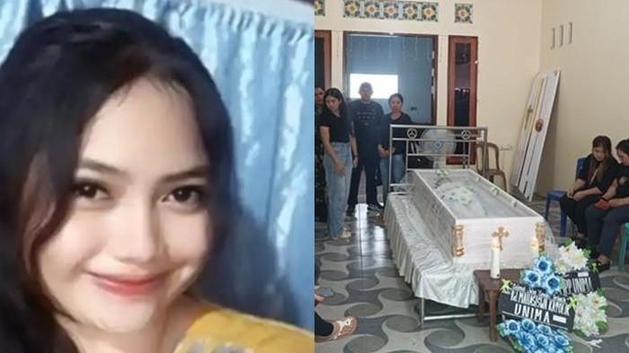 MAHASISWI UNIMA MENINGGAL- Kolase foto ayah Evia Maria menangis di depan peti jenazah anaknya di rumah persemayaman, Perumahan CBA Gold, Mapanget, Minut, Rabu (31/12/2025).