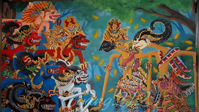 LUKISAN WAYANG- Ilustrasi lukisan wayang yang mengisahkan adanya pertemuan tokoh dalam dunia pewayangan.