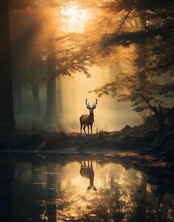 This may contain: a deer standing in the middle of a forest next to a body of water at sunset