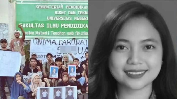 GELAR UNJUK RASA - Elvia Maria semasa hidup (kanan). Mahasiswa Universitas Negeri Manado (Unima) yang tergabung dalam Aliansi Mahasiswa Unima Peduli Korban Pelecehan menggelar aksi unjuk rasa di halaman kampus, Rabu (31/12/2026) lalu. ‎Aksi tersebut menyoroti dugaan kasus pelecehan seksual yang melibatkan oknum dosen di Fakultas Ilmu Pendidikan dan Psikologi (FIPP) Unima.