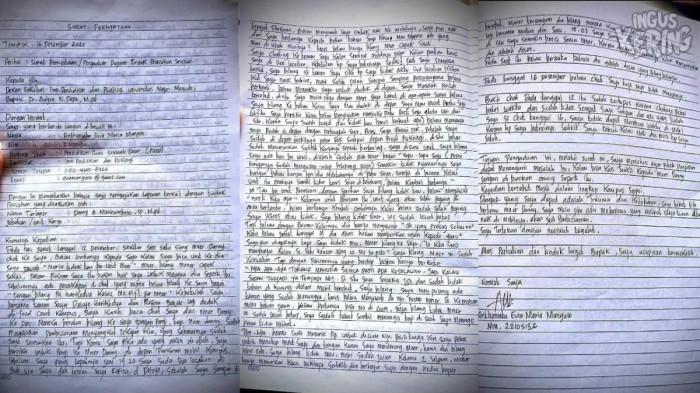 TULISAN PESAN TERAKHIR - Mahasiswi aktif Program Studi Pendidikan Guru Sekolah Dasar (PGSD) angkatan 2022, Fakultas Ilmu Pendidikan dan Psikologi (FIPP) UNIMA, berasal dari Kabupaten Kepulauan Sitaro, Sulawesi Utara sempat tulis pesan terakhir sebelum akhiri hidup.