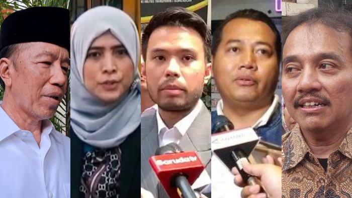 IJAZAH JOKOWI DITUNJUKKAN - Kolase foto Presiden ke-7 RI Joko Widodo (kiri); ahli hukum pidana Universitas Indonesia (UI), Dr. Febby Mutiara Nelson (2 dari kiri); kuasa hukum Jokowi, Yakup Hasibuan (tengah); pengamat politik, Adi Prayitno (2 dari kanan); dan pakar telematika Roy Suryo (kanan).