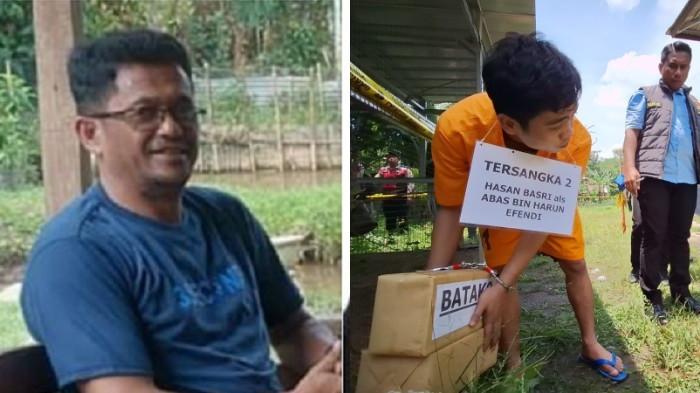 MINTA ABADIKAN MOMEN - Korban Adityawarman sempat meminta tersangka Hasan mengabadikan momen antara korban dengan manajemen hotel. Kemudian, korban dan tersangka Hasan mengobrol di TKP sebelum tewas dibunuh. (Kanan) Reka adegan tersangka Hasan saat rekonstruksi pembunuhan.