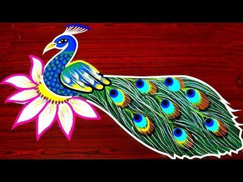 Beautiful and best peacock rangoli designs - simple kolam designs - creative peacock muggulu
