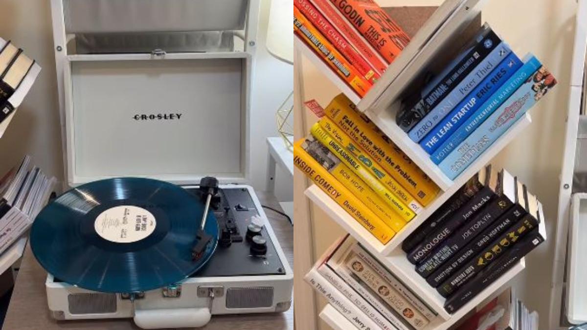 POSTINGAN PANDJI - Pandji Pragiwaksono menunjukkan koleksi piringan hitam serta buku berbahasa Inggris.