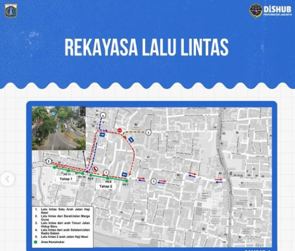 Rakayasa lalu lintas satu arah di Jalan Haji Nawi, Jaksel, selama proyek galian sistem tata air.  Foto: Instagram/@dishubdkijakarta