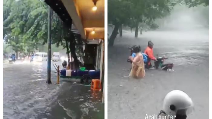 BANJIR JAKARTA - Sejumlah jalan mengalami banjir imbas hujan deras sejak pagi pada Senin (12/1/2026).