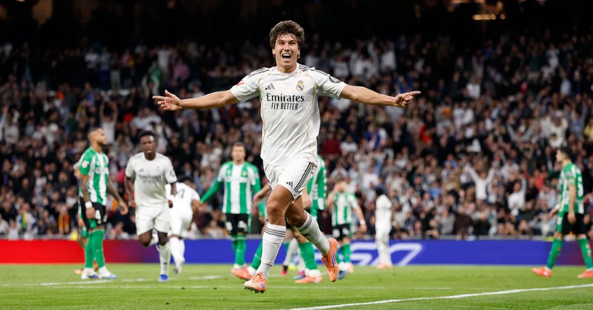 SELEBRASI - Selebrasi pemain Real Madrid, Gonzalo Garcia setelah mencetak gol ke gawang Real Betis di Liga Spanyol 2025/2026 pada Senin (5/1/2026) pagi WIB.