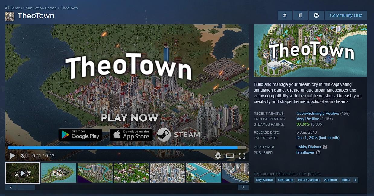 GAME THEOTOWN STEAM - Tampilan layar depan penjualan game TheoTown di Steam
