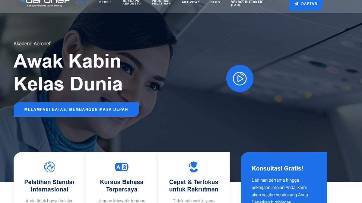 VIRAL PRAMUGARI PALSU - Capture web resmi Aeronef Academy, sekolah pramugari yang tawarkan pendidikan gratis untuk Khairun Nisya